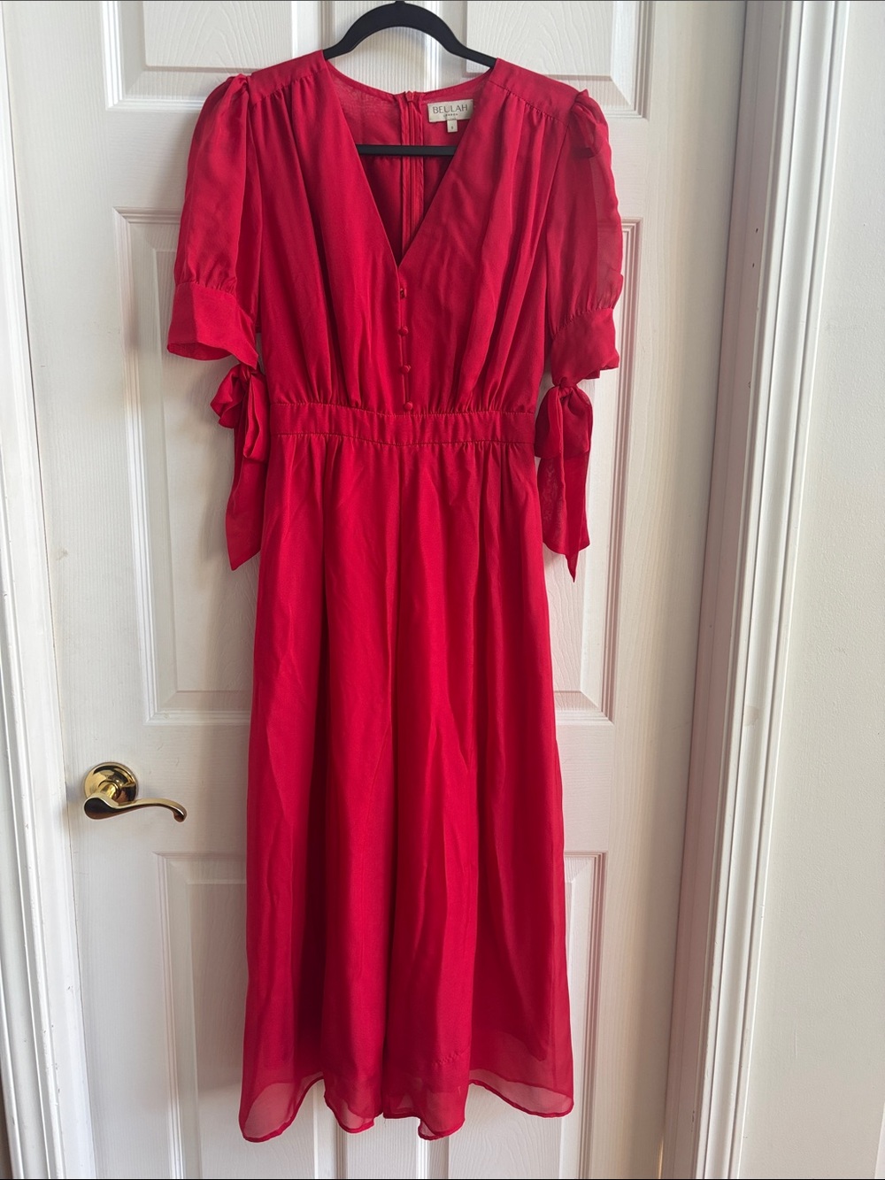 Beulah Red Midi Dress with Tie Sleeve Accents